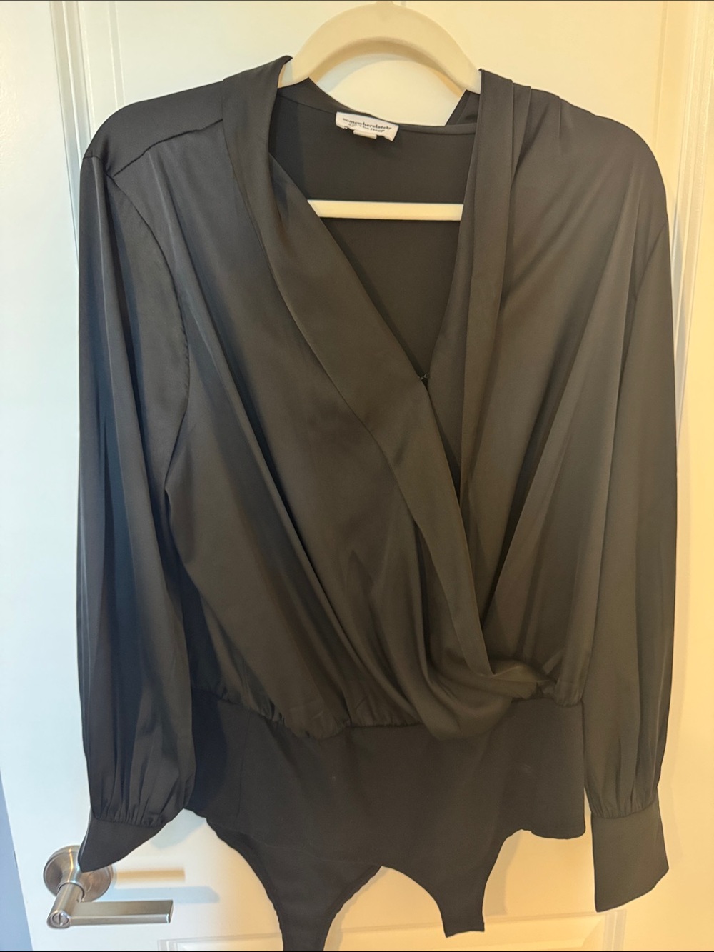 Black Draped V-Neck Long-Sleeve Bodysuit